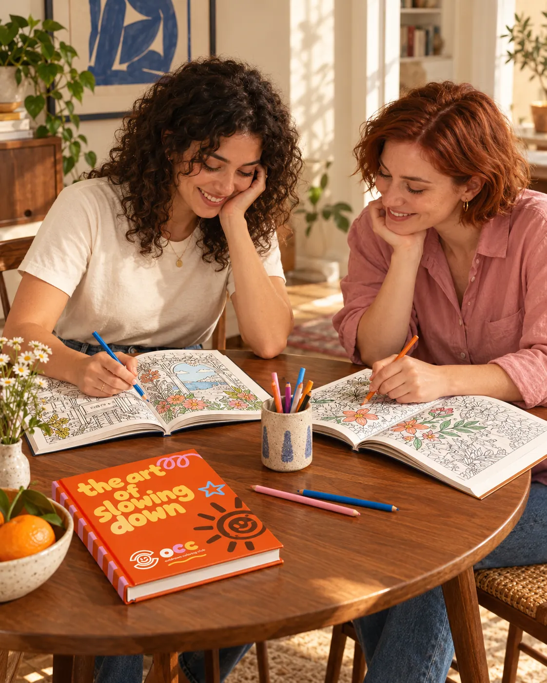 Two friends colouring at a wooden table