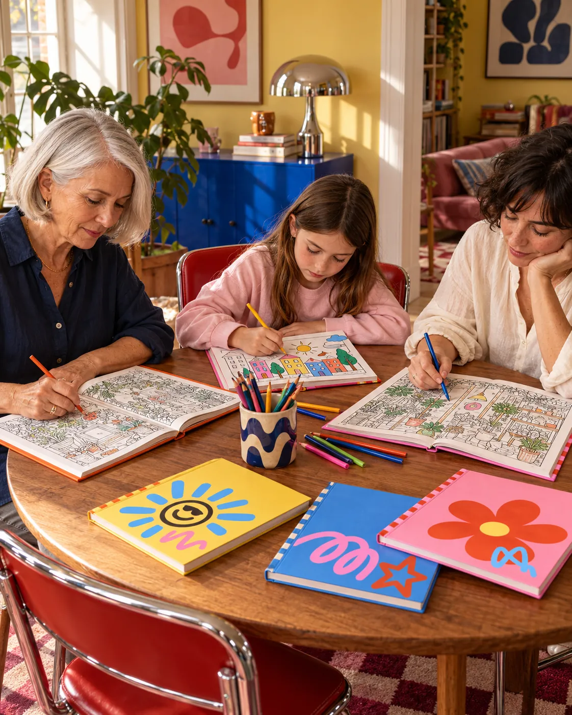 A grandmother and two grandchildren colouring together